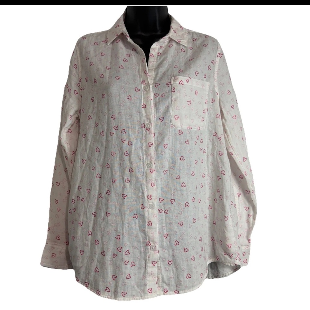 Beachlunchlounge Womens S Be Mine Button Up Long Sleeve Shirt White Pink Hearts